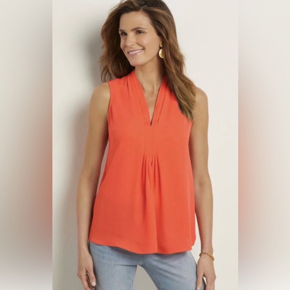 Soft Surroundings Cotton Blend Martina Tank Top XL Coral Pleated V Neck Flowy